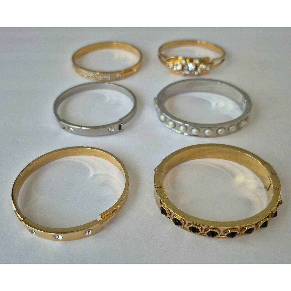 Ann Taylor VTG Lot of 6 Gold Silver Tone Rhinestone Embellished Hinged Bracelets